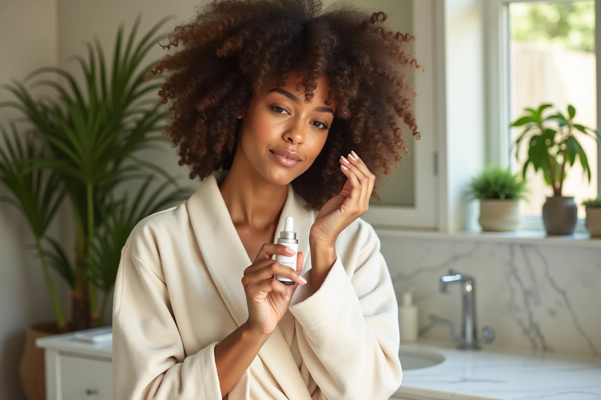 Femme aux cheveux bouclés naturels appliquant un protecteur thermique clean dans une salle de bain lumineuse