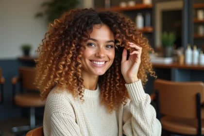 Femme aux cheveux crépus balayage châtain blond souriante