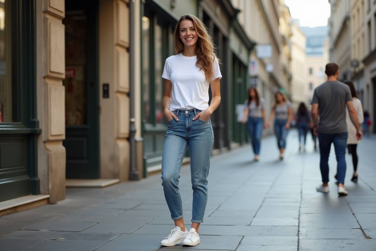 Femme en jeans et t-shirt blanc dans la ville