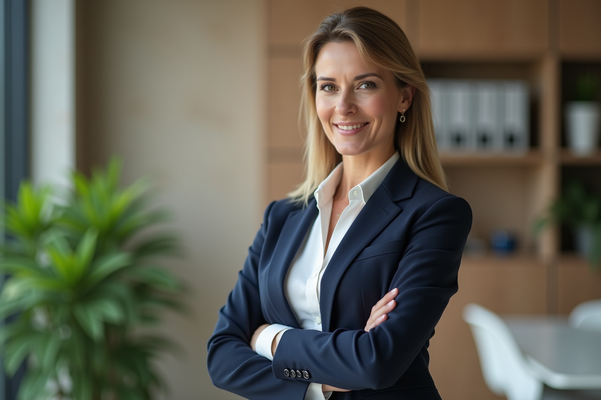 Femme confiante en bureau moderne avec plantes vertes