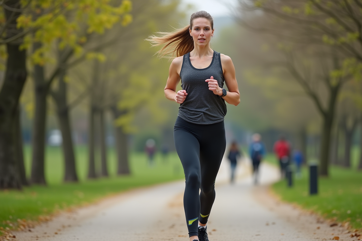 Femme sportive courant dans un parc urbain au printemps