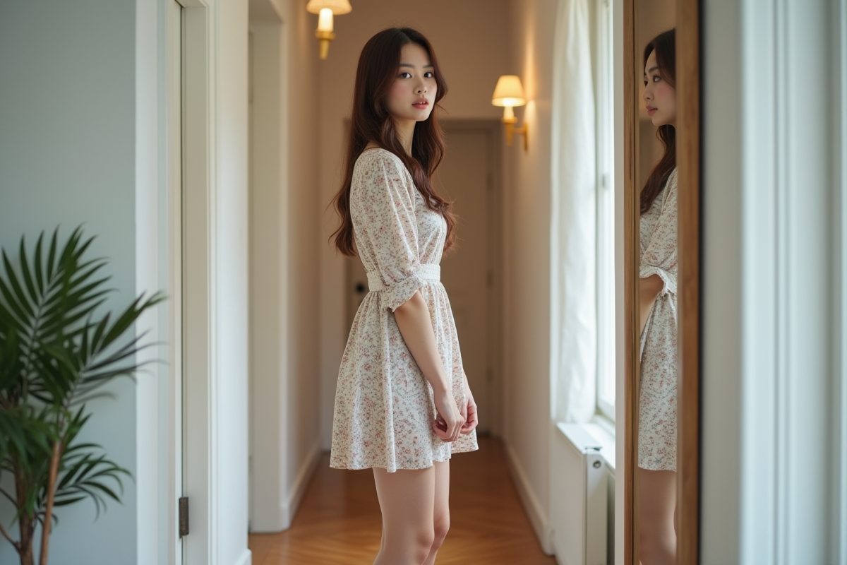 Femme en robe fleurie dans un couloir moderne