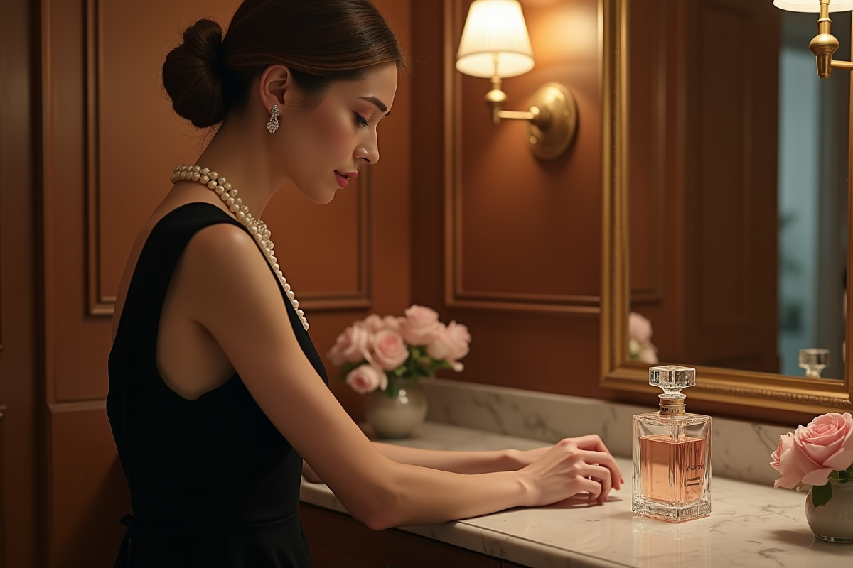 Femme élégante en robe noire admire un parfum cristal