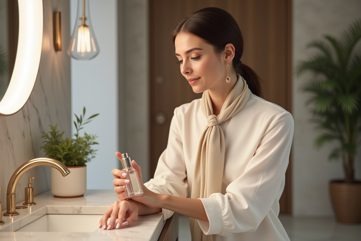 Femme élégante appliquant du parfum dans un intérieur sophistiqué