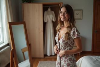 Femme en robe fleurie ajustant sa taille devant miroir