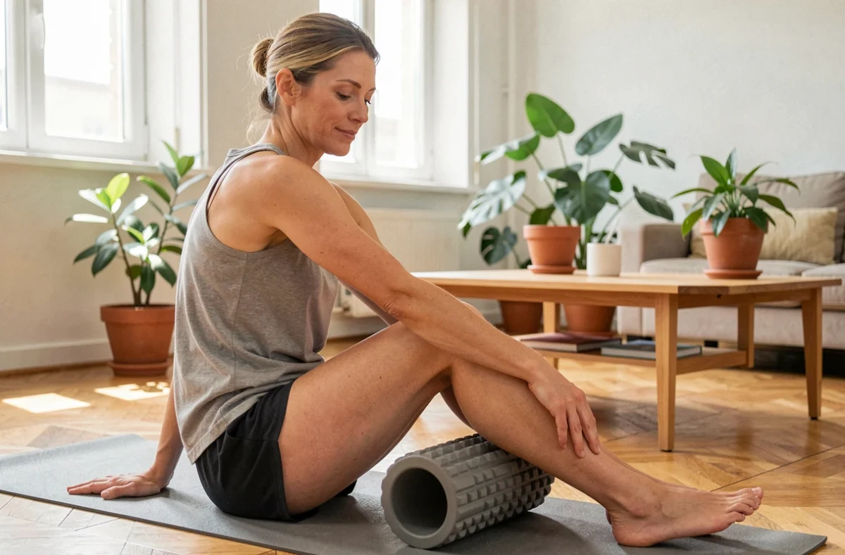 Femme utilisant un foam roller chez elle pour masser ses cuisses et lutter contre la cellulite après le sport