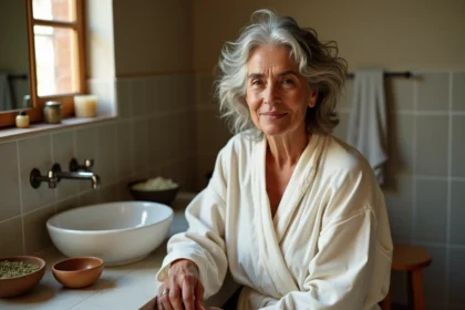 Femme appliquant une pâte d'herbes dans la salle de bain
