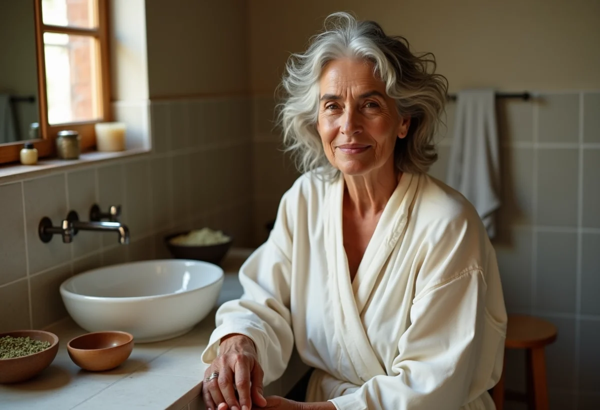 Femme appliquant une pâte d'herbes dans la salle de bain