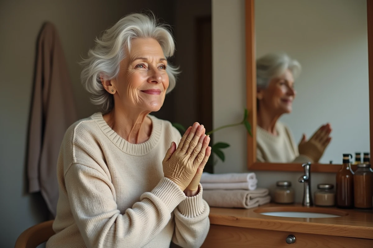 Femme aux cheveux blancs appliquant du henné dans sa salle de bain
