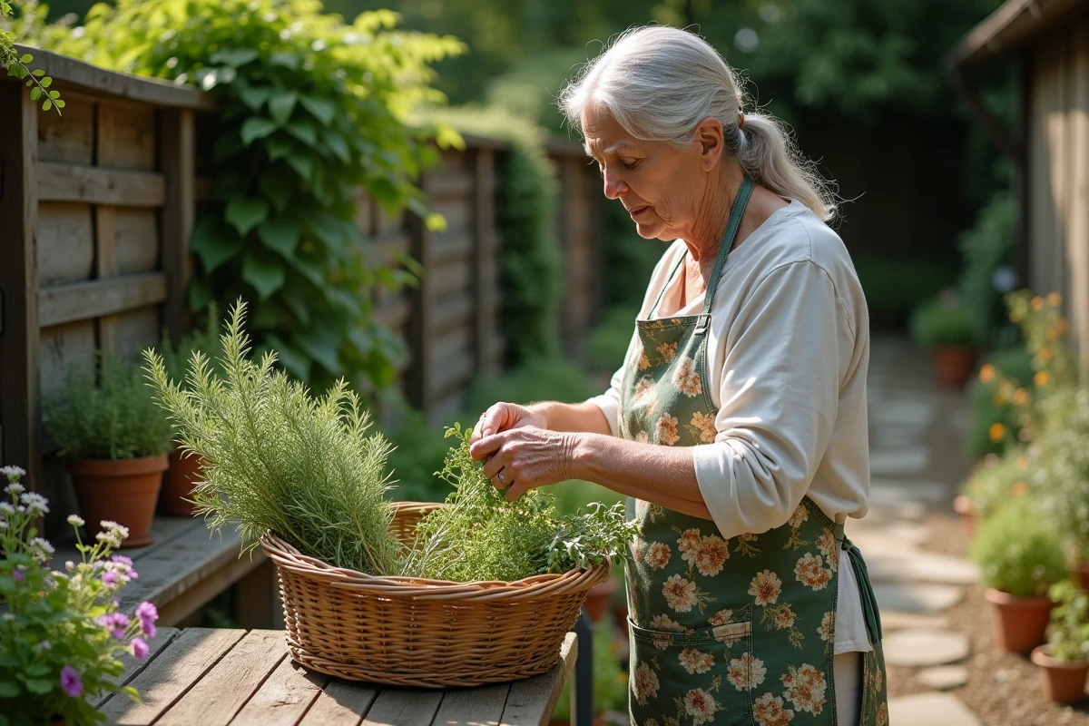 Femme âgée cueillant des herbes aromatiques romarin camomille dans un jardin pour préparer des remèdes naturels pour la peau