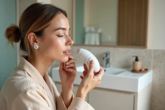 Femme utilisant un laser LYMA dans sa salle de bain apaisante