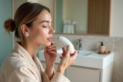 Femme utilisant un laser LYMA dans sa salle de bain apaisante