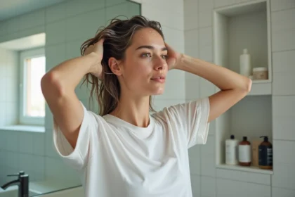 Jeune femme se massant les cheveux mouilles dans la salle de bain