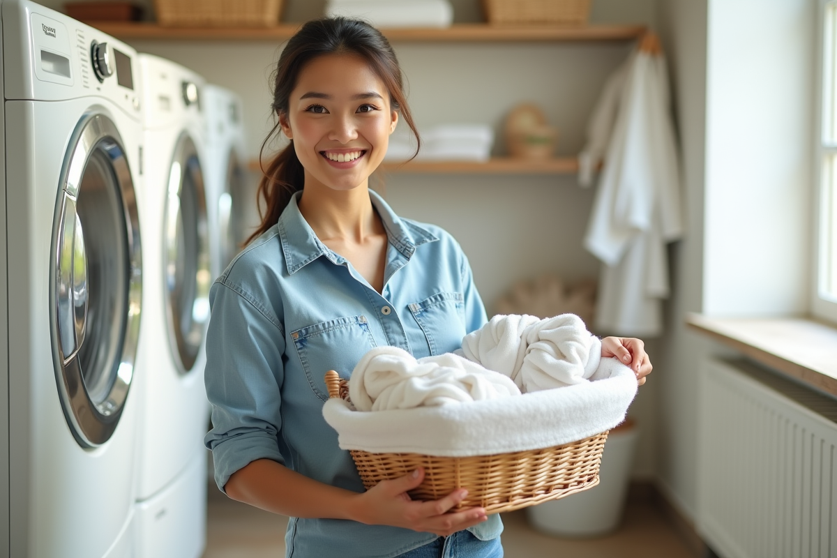 Femme heureuse tenant un panier de linge propre dans une buanderie lumineuse