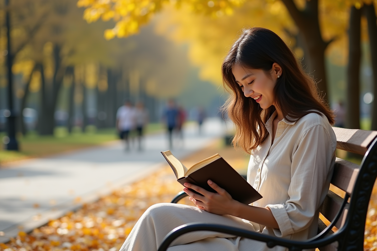 Femme lisant un livre dans un parc en automne