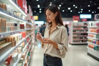 Femme française découvrant les produits de beauté dans un magasin Ulta Beauty aux États-Unis