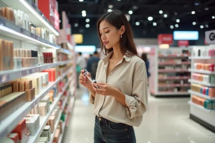 Femme française découvrant les produits de beauté dans un magasin Ulta Beauty aux États-Unis