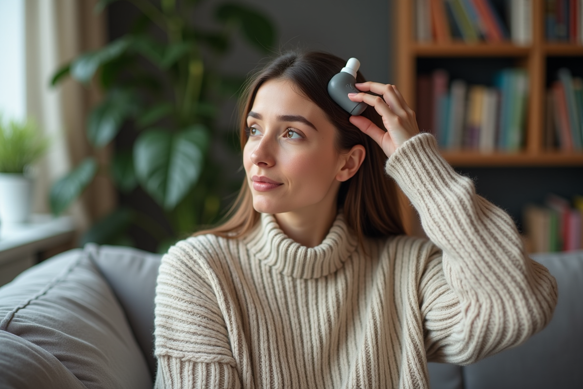 Femme utilisant un masseur crâne dans un salon calme