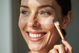 Femme mature souriante appliquant correcteur visage
