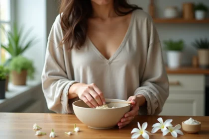 Femme préparant un gommage au jasmin dans la cuisine
