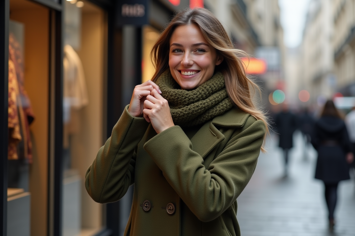 Femme élégante en manteau vert à Paris en hiver