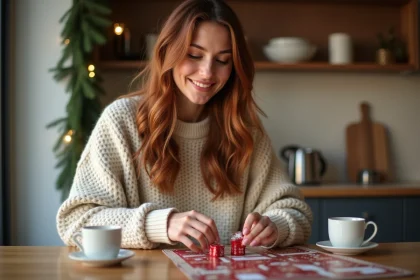 Femme souriante ouvre un calendrier de l'avent dans une cuisine chaleureuse