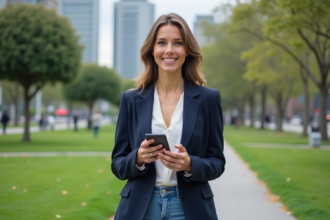 Femme souriante dans un parc urbain moderne