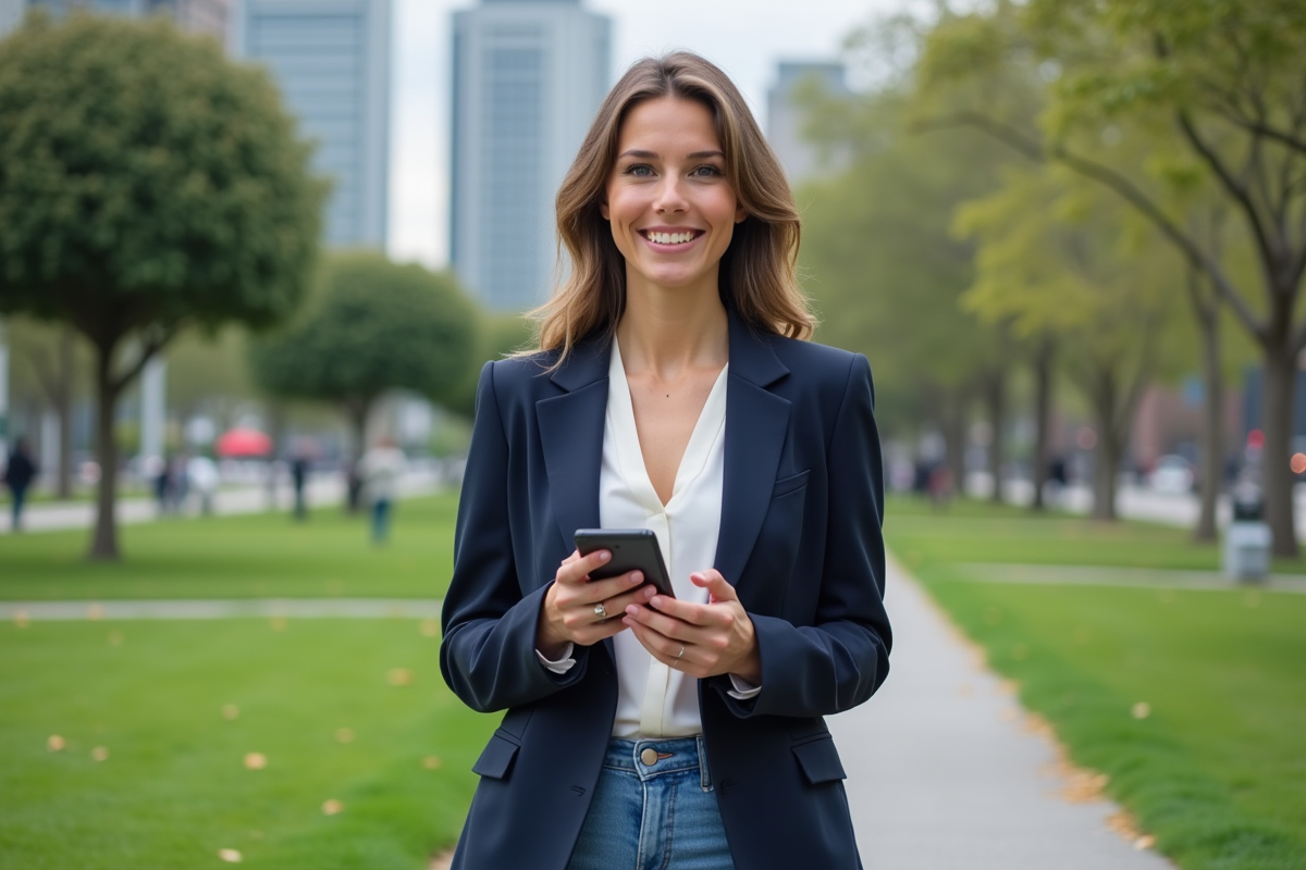 Femme souriante dans un parc urbain moderne