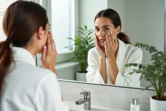 Femme à peau mixte examinant sa peau dans un miroir de salle de bain avec un soin Filorga posé sur le comptoir
