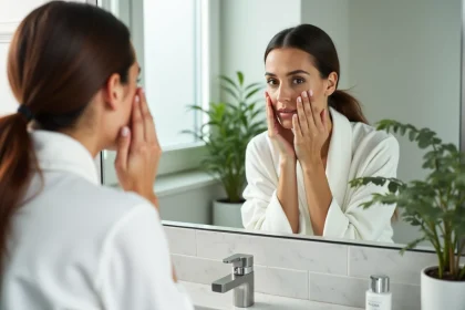 Femme à peau mixte examinant sa peau dans un miroir de salle de bain avec un soin Filorga posé sur le comptoir