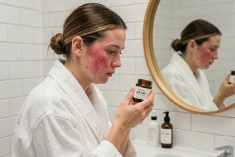 Femme à peau sensible examinant un soin au soufre jaune dans une salle de bain épurée