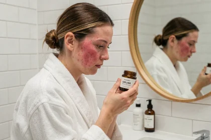 Femme à peau sensible examinant un soin au soufre jaune dans une salle de bain épurée