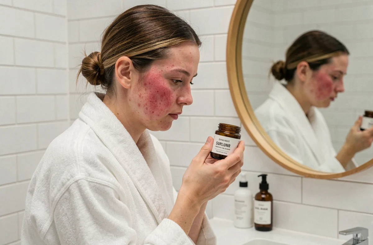 Femme à peau sensible examinant un soin au soufre jaune dans une salle de bain épurée