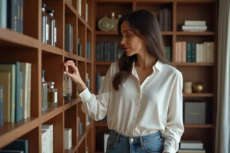 Femme en blouse et jeans manipulant un flacon de parfum dans un salon élégant