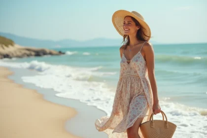 Femme souriante en robe d'été à la plage en été