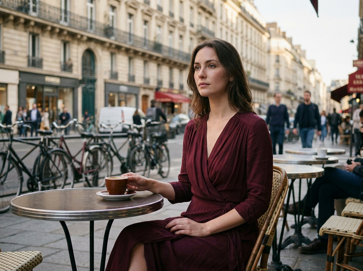Jeune femme élégante en robe bordeaux assise en terrasse de café à Paris, symbolisant la robe comme pièce vestimentaire du quotidien