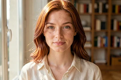 Jeune femme rousse aux yeux verts photographiée en portrait dans un appartement parisien, illustrant la combinaison génétique rare rousseur et yeux verts