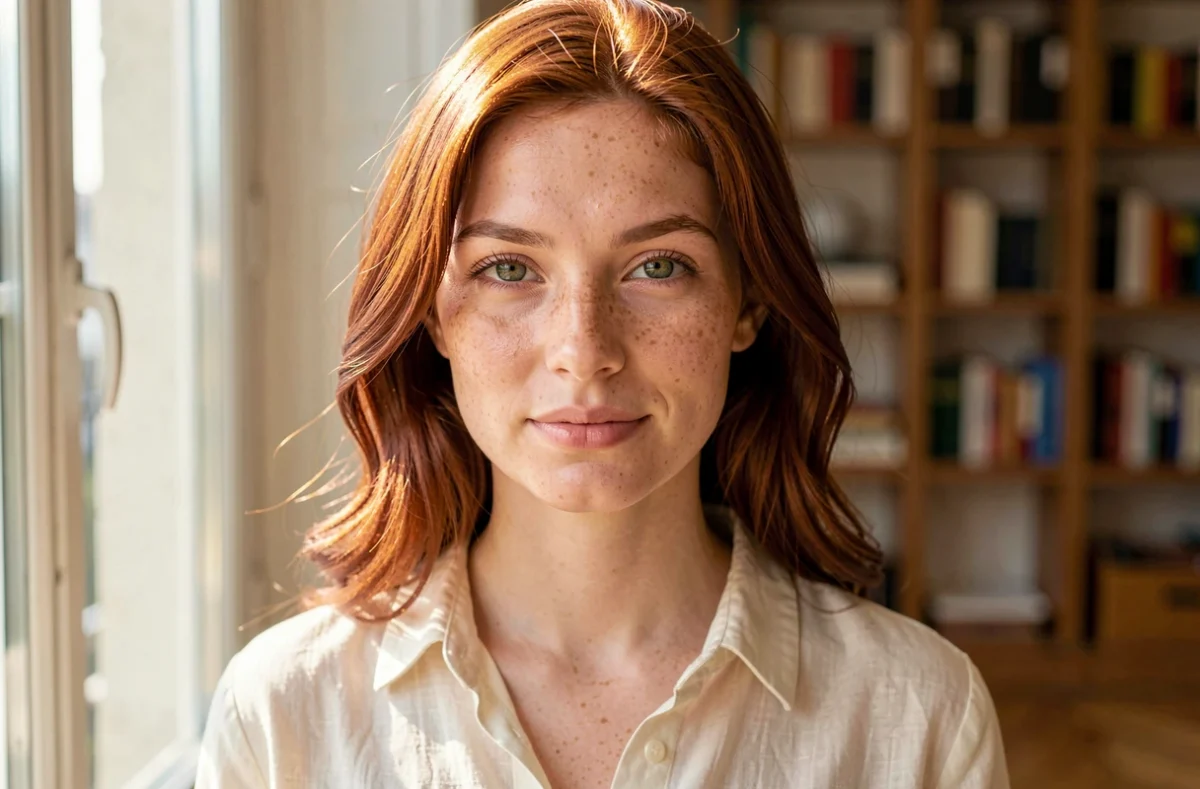 Jeune femme rousse aux yeux verts photographiée en portrait dans un appartement parisien, illustrant la combinaison génétique rare rousseur et yeux verts
