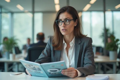 Femme en bureau examine sceptiquement une brochure