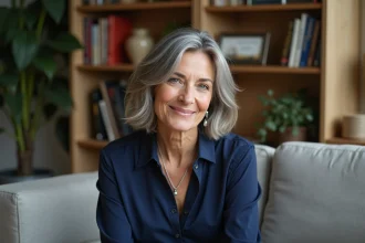 Femme élégante de 50 ans dans un salon chaleureux