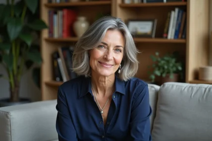 Femme élégante de 50 ans dans un salon chaleureux