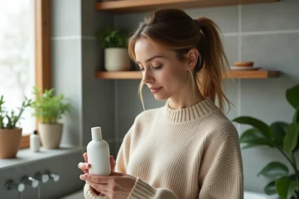 Femme examinant une bouteille de shampoing minimaliste dans la salle de bain