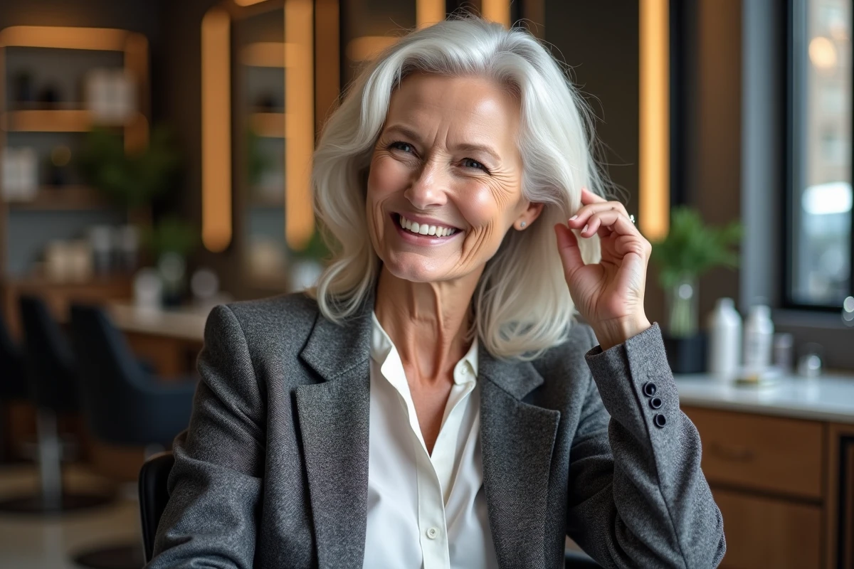 Femme élégante aux cheveux blancs dans un salon moderne