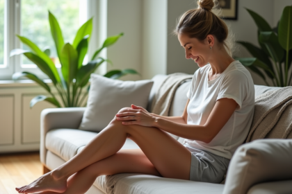 Femme appliquant un gel rafraichissant sur ses jambes à la maison