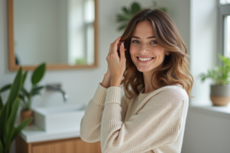 Femme souriante dans sa salle de bain moderne