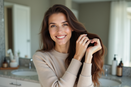 Femme souriante se coiffant dans une salle de bain moderne