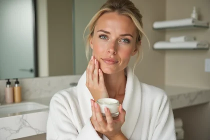 Femme appliquant une crème pour rosacée sur peau sensible rougie devant un miroir de salle de bain