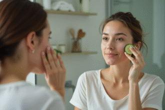 Femme appliquant un concombre sur la joue dans sa salle de bain