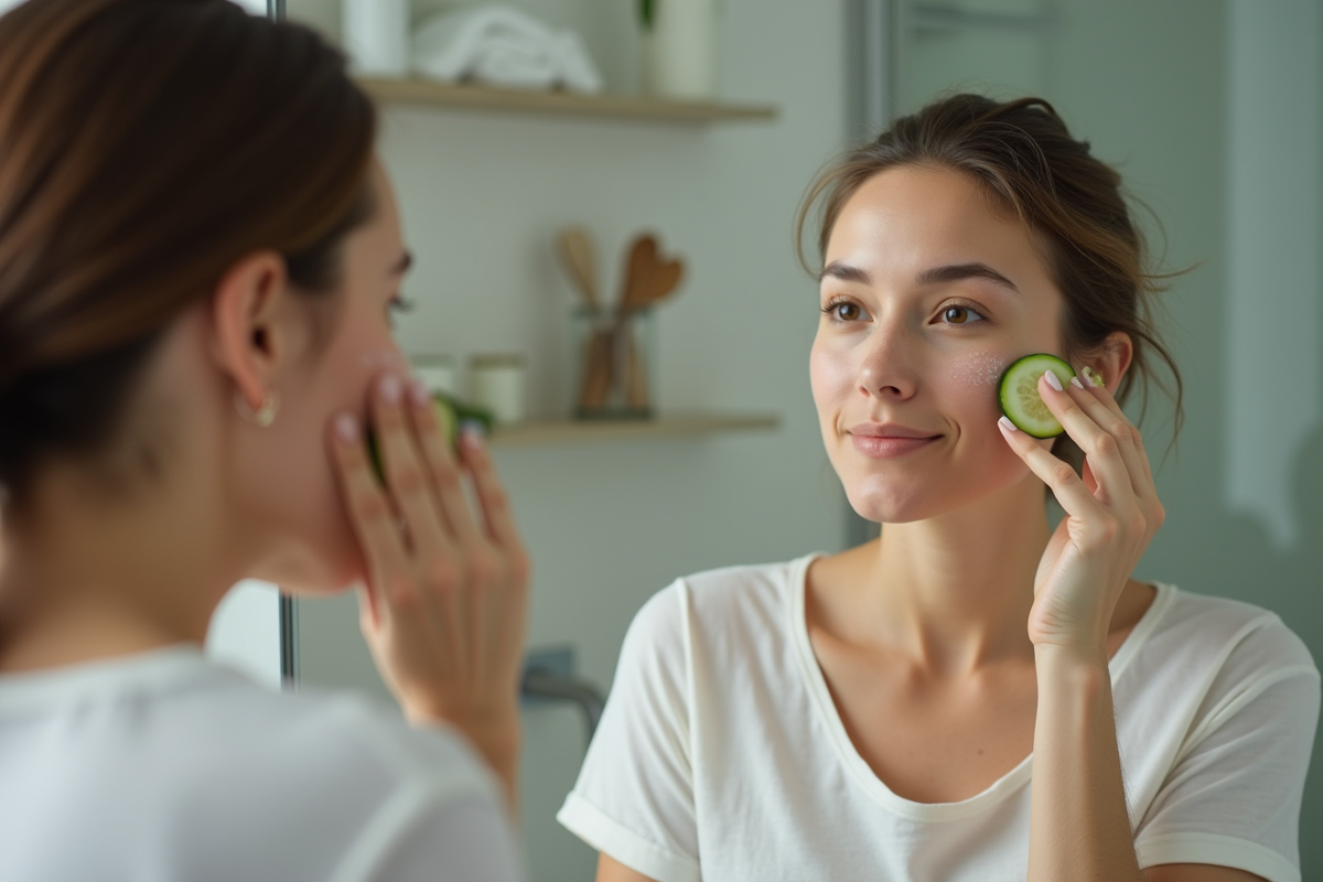Femme appliquant un concombre sur la joue dans sa salle de bain