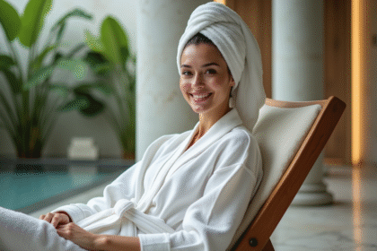 Femme détendue dans un spa intérieur avec robe en coton